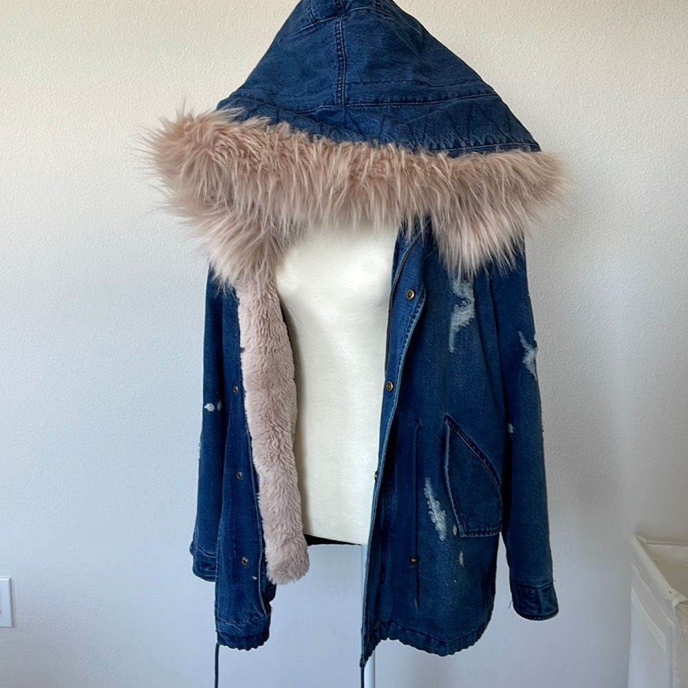 Faux fur denim parka jacket Avec les filles